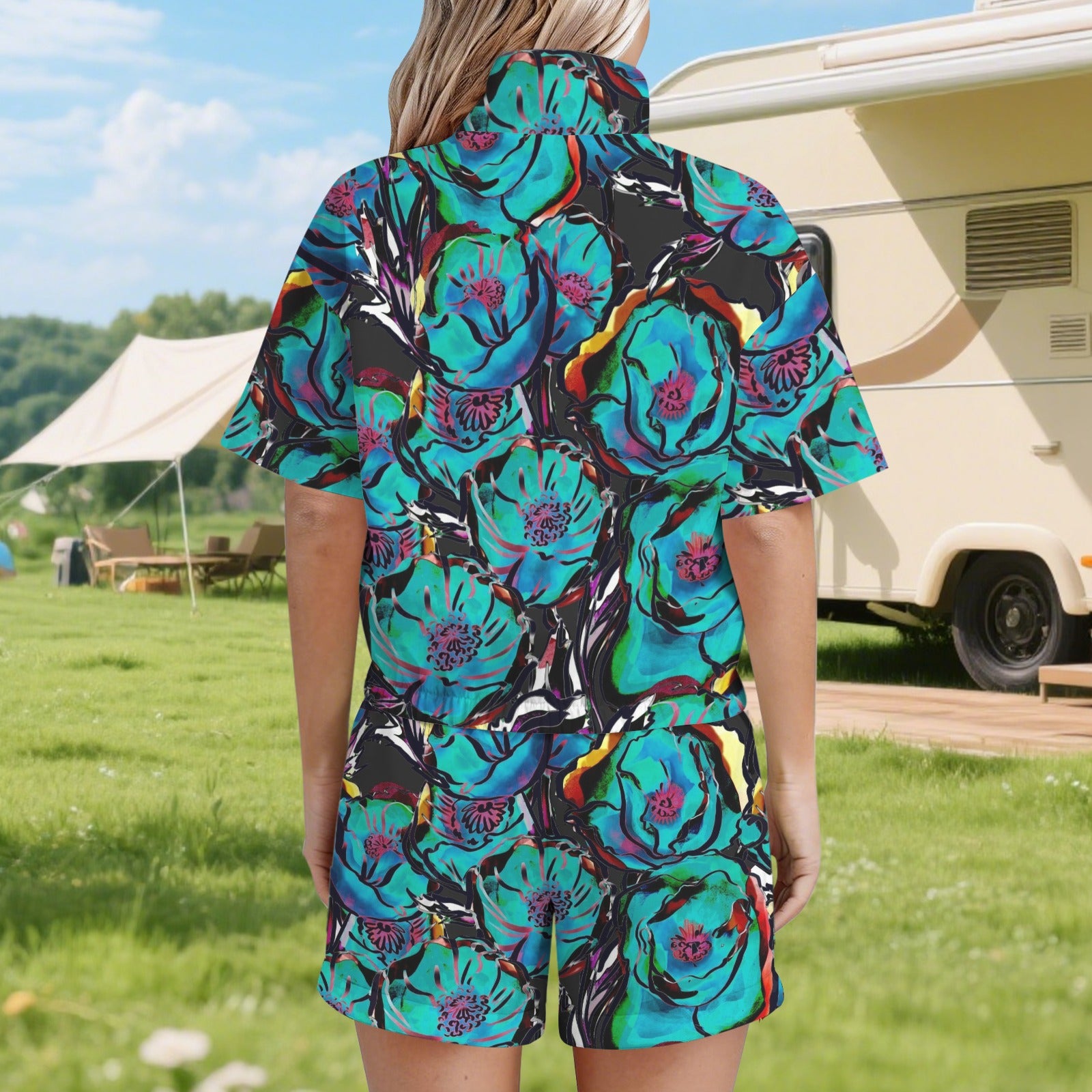 Flower It Blue Women's Windbreaker Short Set Women's Windbreaker Short Set Plants Printed Offshore