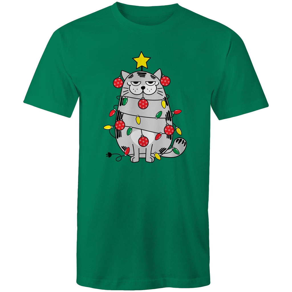 Christmas Cat - Mens T-Shirt Kelly Green Mens Christmas T-shirt Christmas Printed In Australia