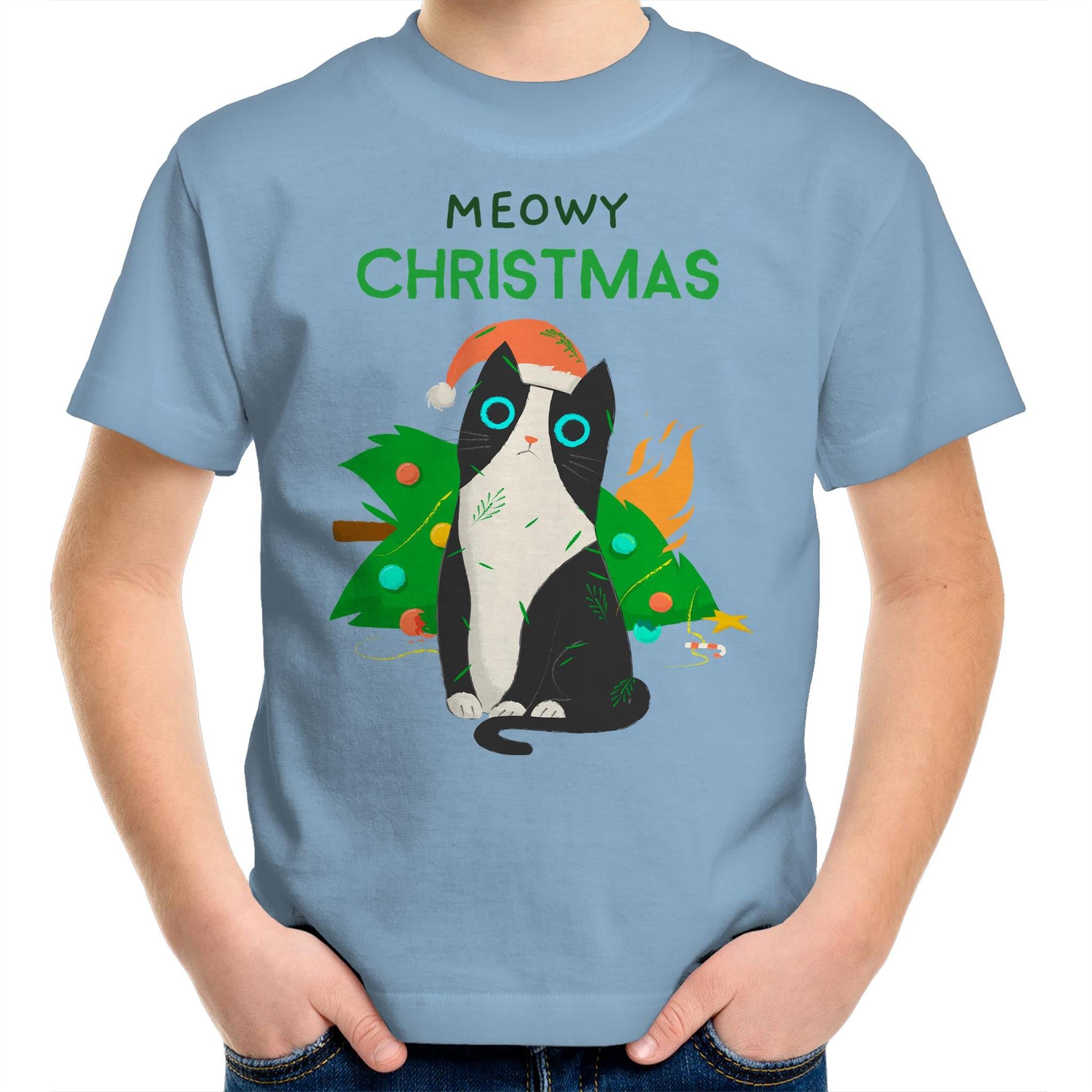 Meowy Christmas - Kids Youth T-Shirt Carolina Blue Kids Christmas T-shirt Christmas Printed In Australia