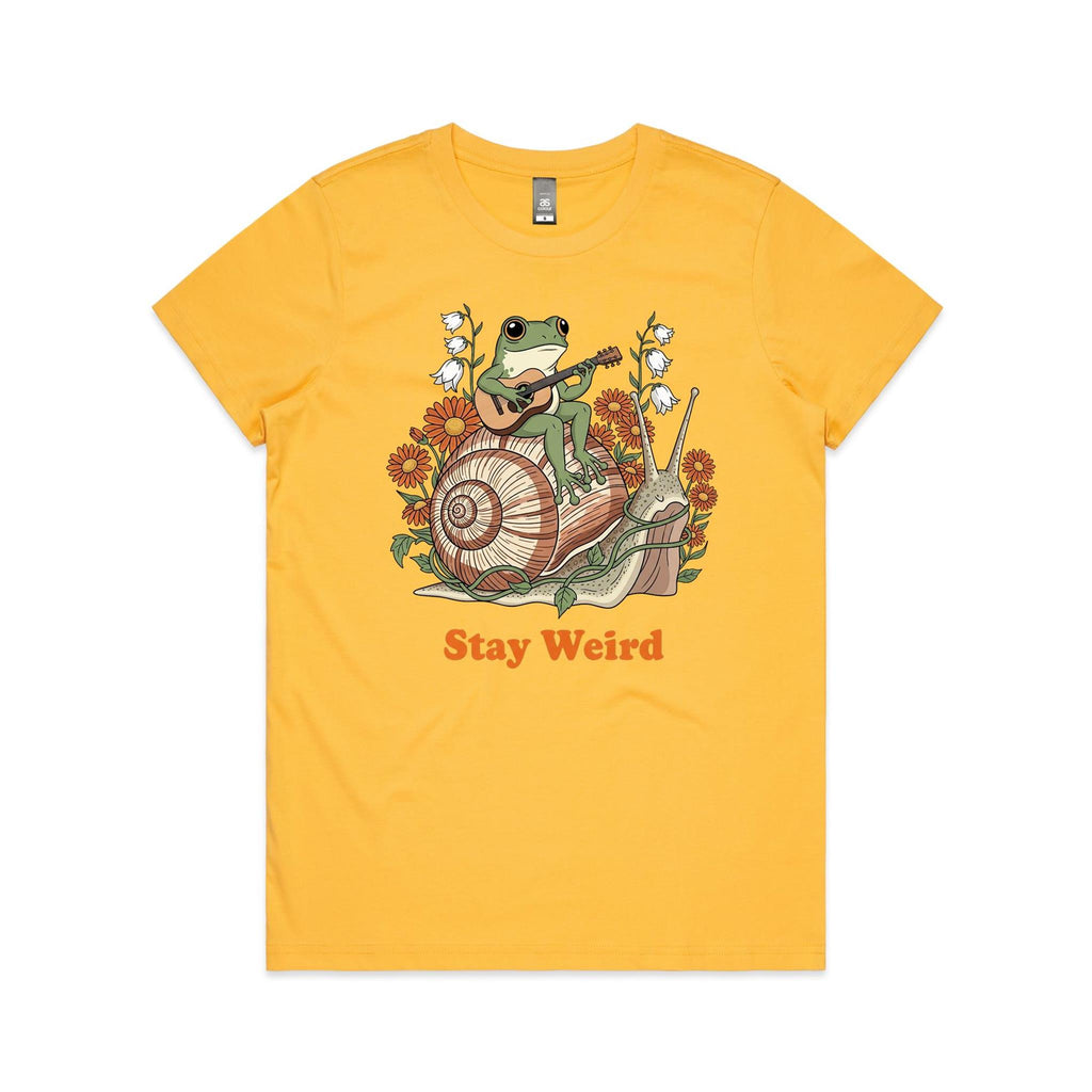 Stay Weird, Guitar Playing Frog On A Snail Women's AS Colour T-shirt Yellow Womens T-shirt animal Music Printed In Australia