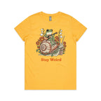 Stay Weird, Guitar Playing Frog On A Snail Women's AS Colour T-shirt Yellow Womens T-shirt animal Music Printed In Australia