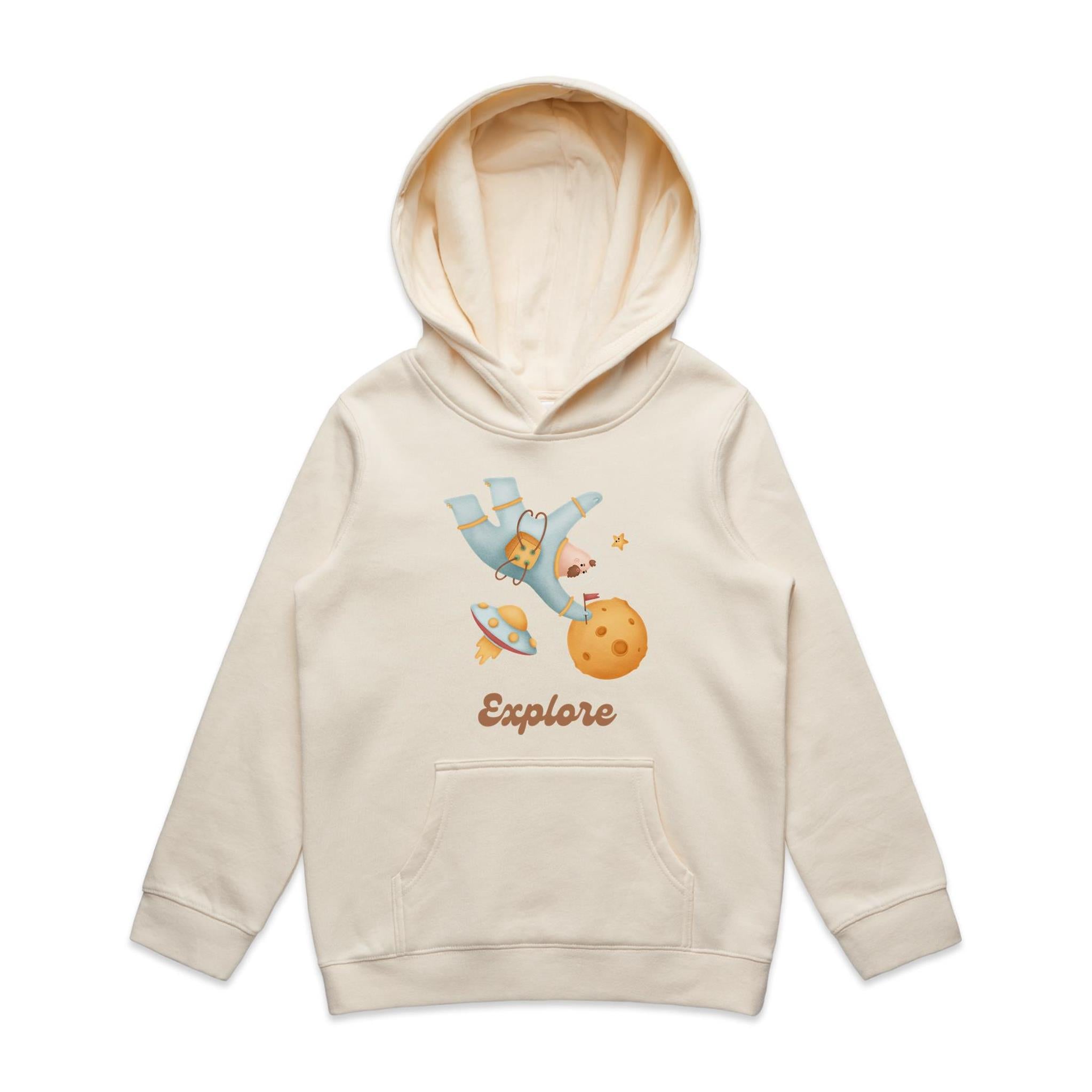 Explore, Astronaut, Space - Kids Hoodie Ecru Kids Hoodie Printed In Australia