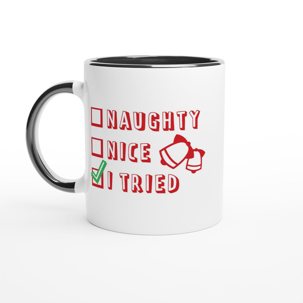 Santa's Christmas List, Naughty, Nice, I Tried - White 11oz Ceramic Mug with Color Inside Ceramic Black Christmas Colour Mug Christmas Globally Fulfilled