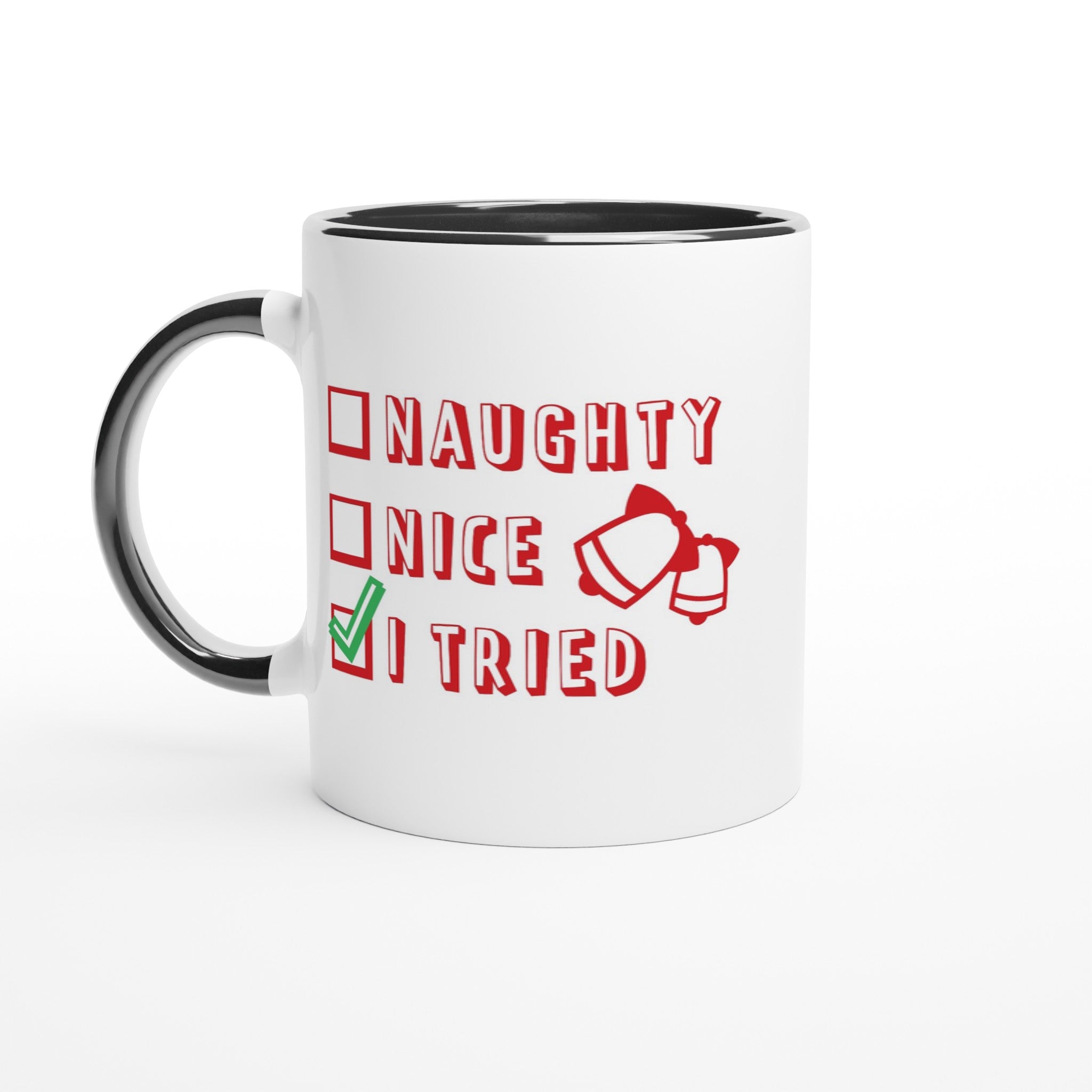 Santa's Christmas List, Naughty, Nice, I Tried - White 11oz Ceramic Mug with Color Inside Ceramic Black Christmas Colour Mug Christmas Globally Fulfilled
