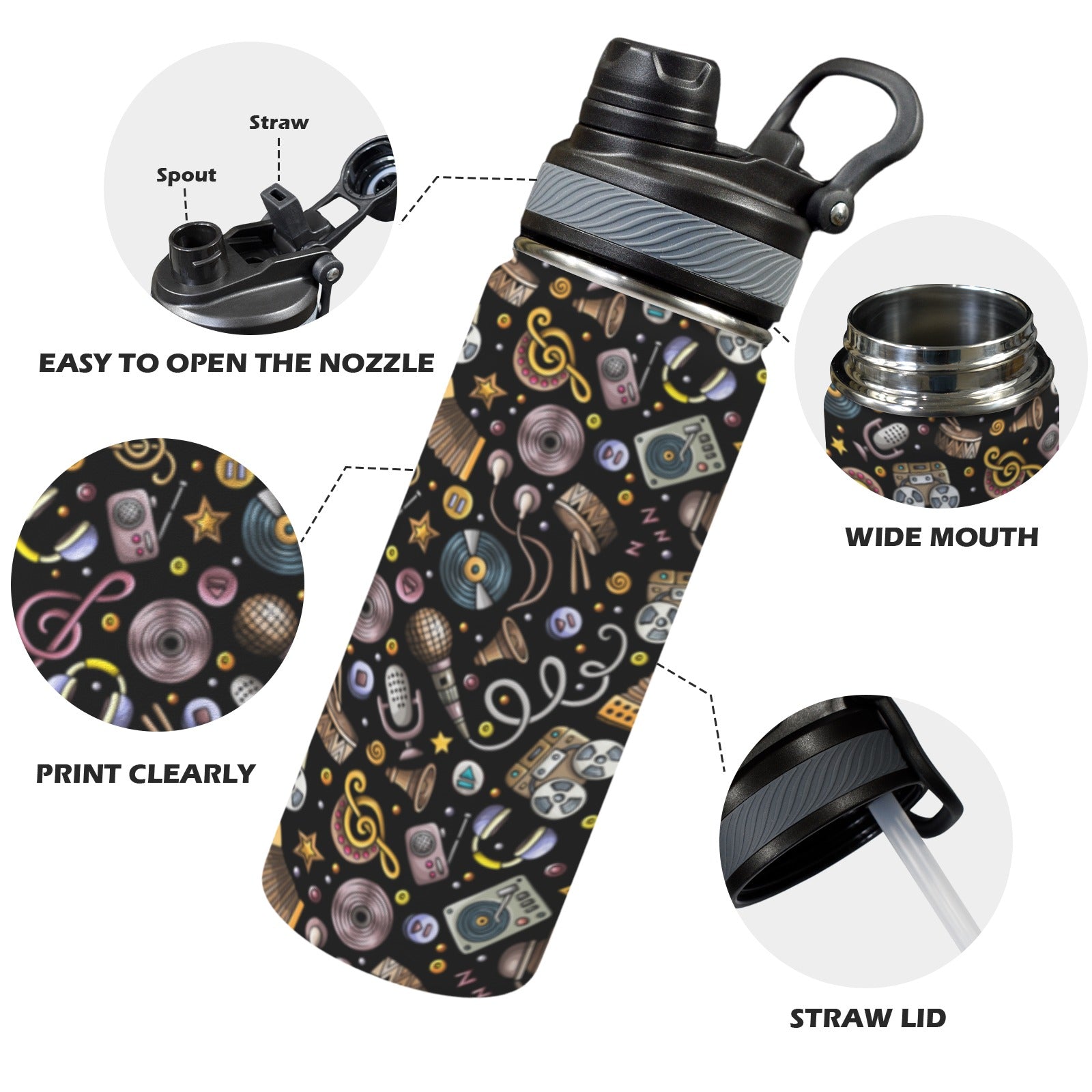 Retro Music Mix - Insulated Water Bottle with Dual-Use Lid (18oz) Insulated Water Bottle with Dual-Use Lid (18oz) Music Printed Offshore Retro