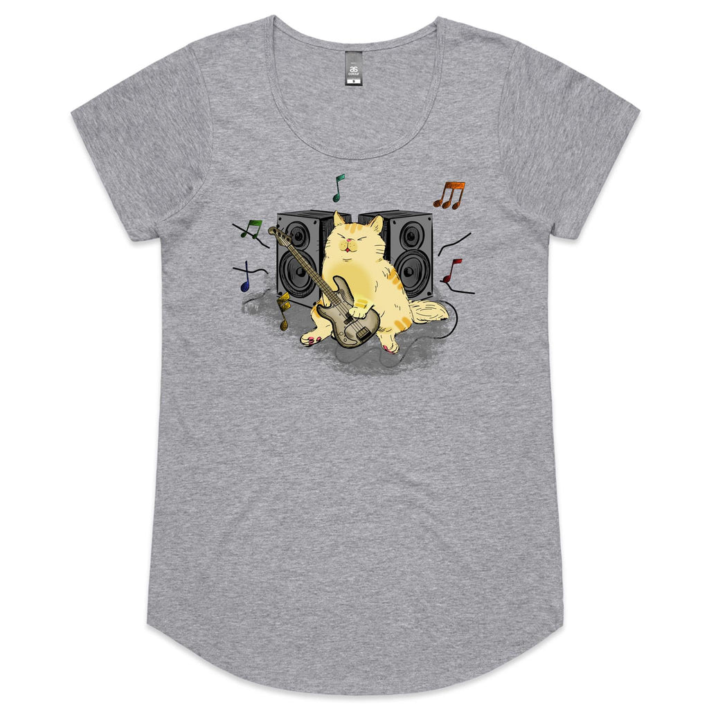 Cat Bass Player - Womens Scoop Neck T-Shirt Grey Marle Womens Scoop Neck T-shirt animal Music Printed In Australia