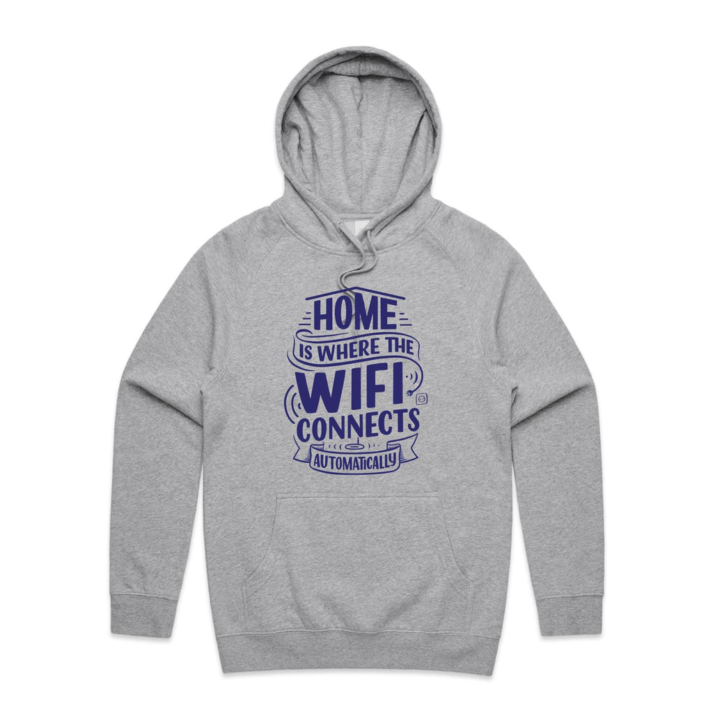 Home Is Where The WIFI Connects Automatically - Mens Hoodie Grey Marle Mens Hoodie Printed In Australia Tech