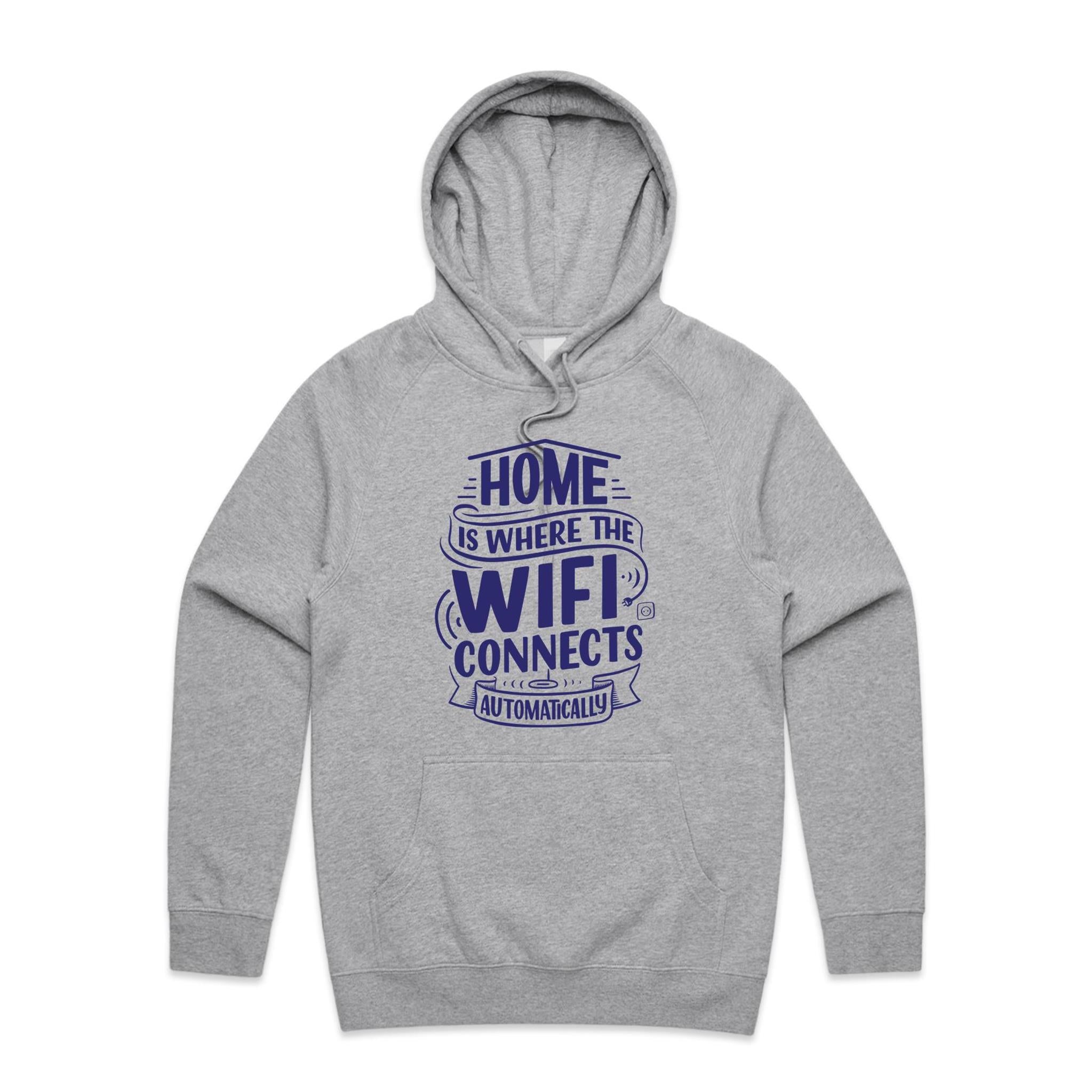 Home Is Where The WIFI Connects Automatically - Mens Hoodie Grey Marle Mens Hoodie Printed In Australia Tech