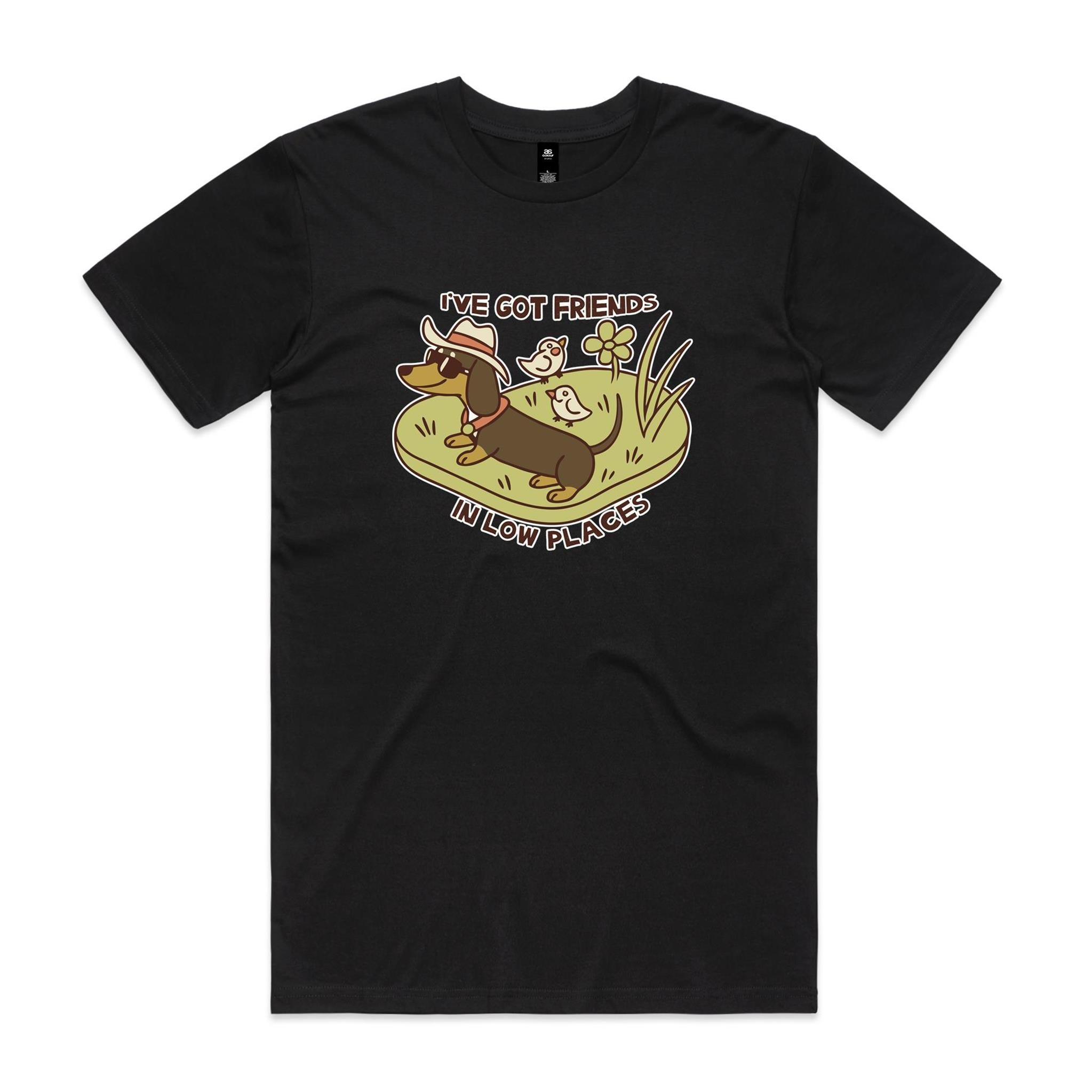 Dachshund, I've Got Friends In Low Places Men's AS Colour T-shirt Black Mens T-shirt animal Printed In Australia