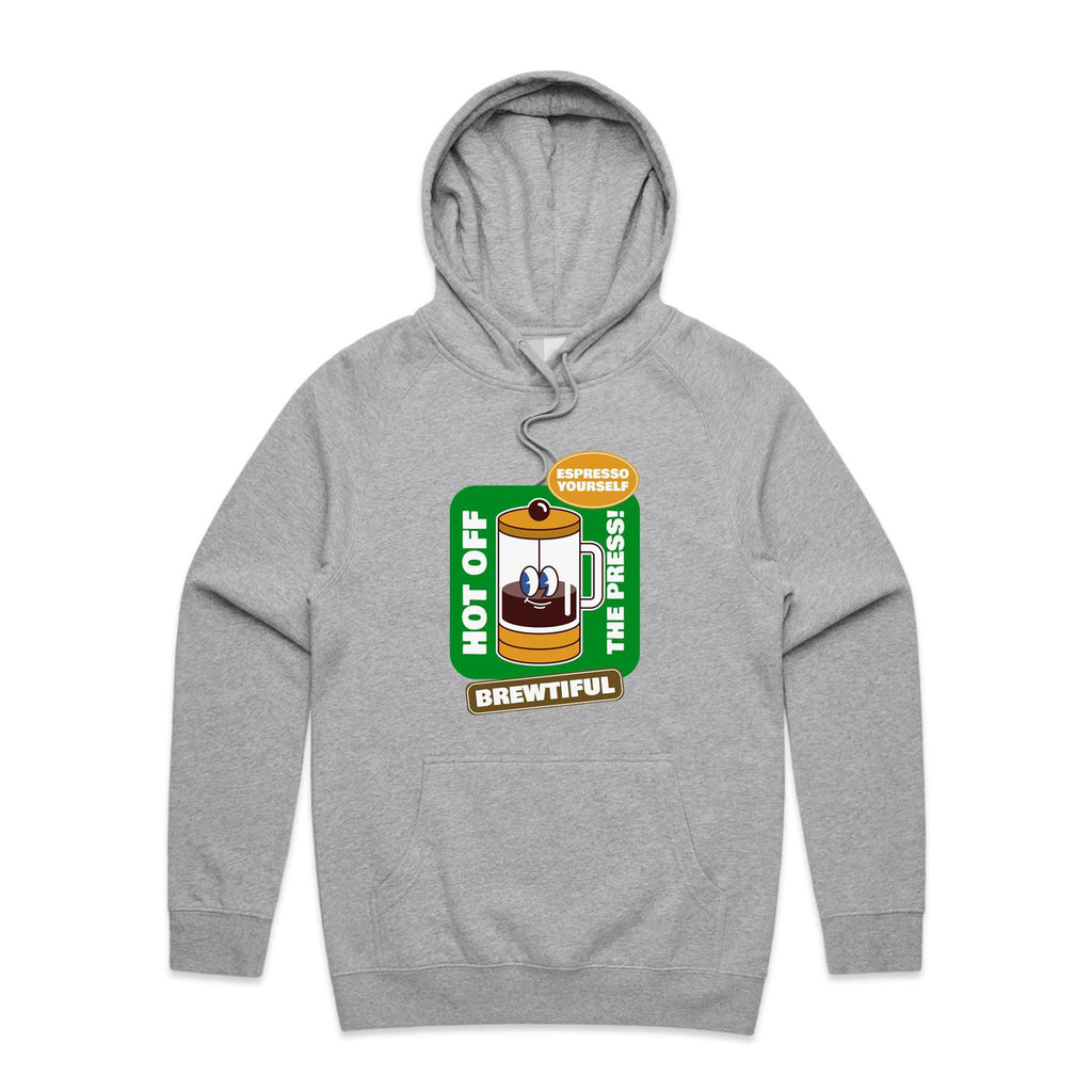 Brewtiful, Coffee Press - Mens Hoodie Grey Marle Mens Hoodie Coffee Printed In Australia