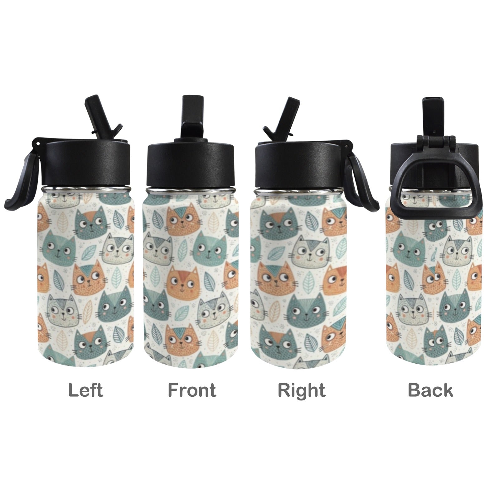 Cute Cat Faces 12oz Kids Water Bottle with Straw Lid