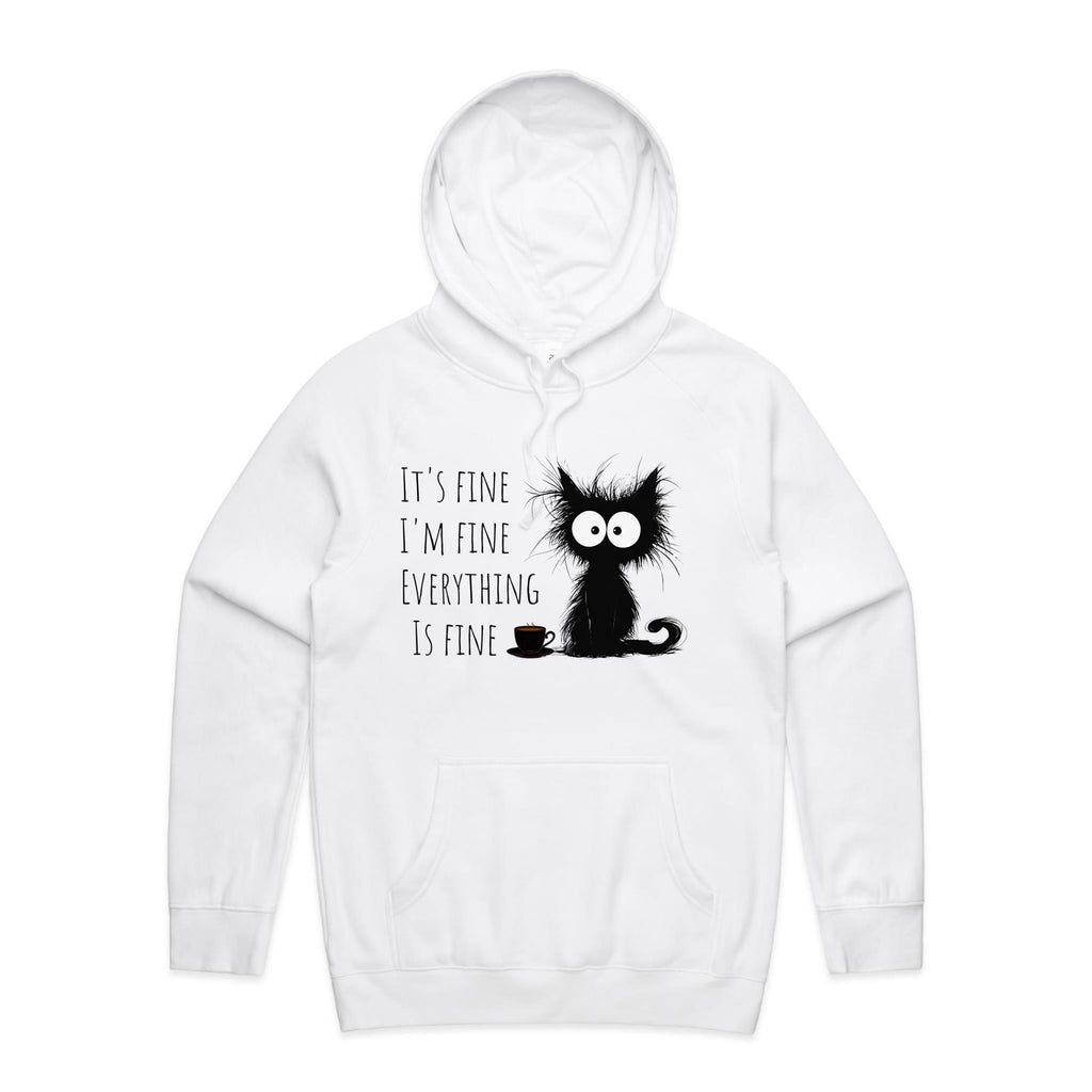 Frazzled Cat, It's Fine, I'm Fine, Everything Is Fine - Mens Hoodie White Mens Hoodie animal Printed In Australia