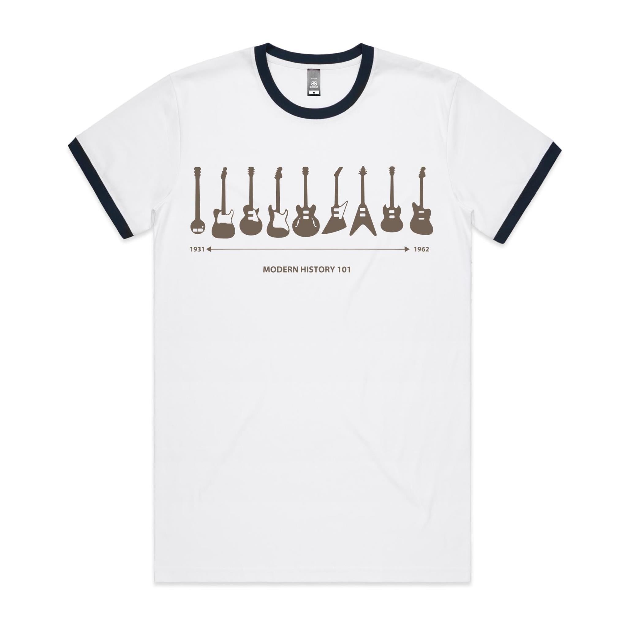Guitar Timeline - Staple Ringer Tee White Navy Ringer T-Shirt Music Printed In Australia