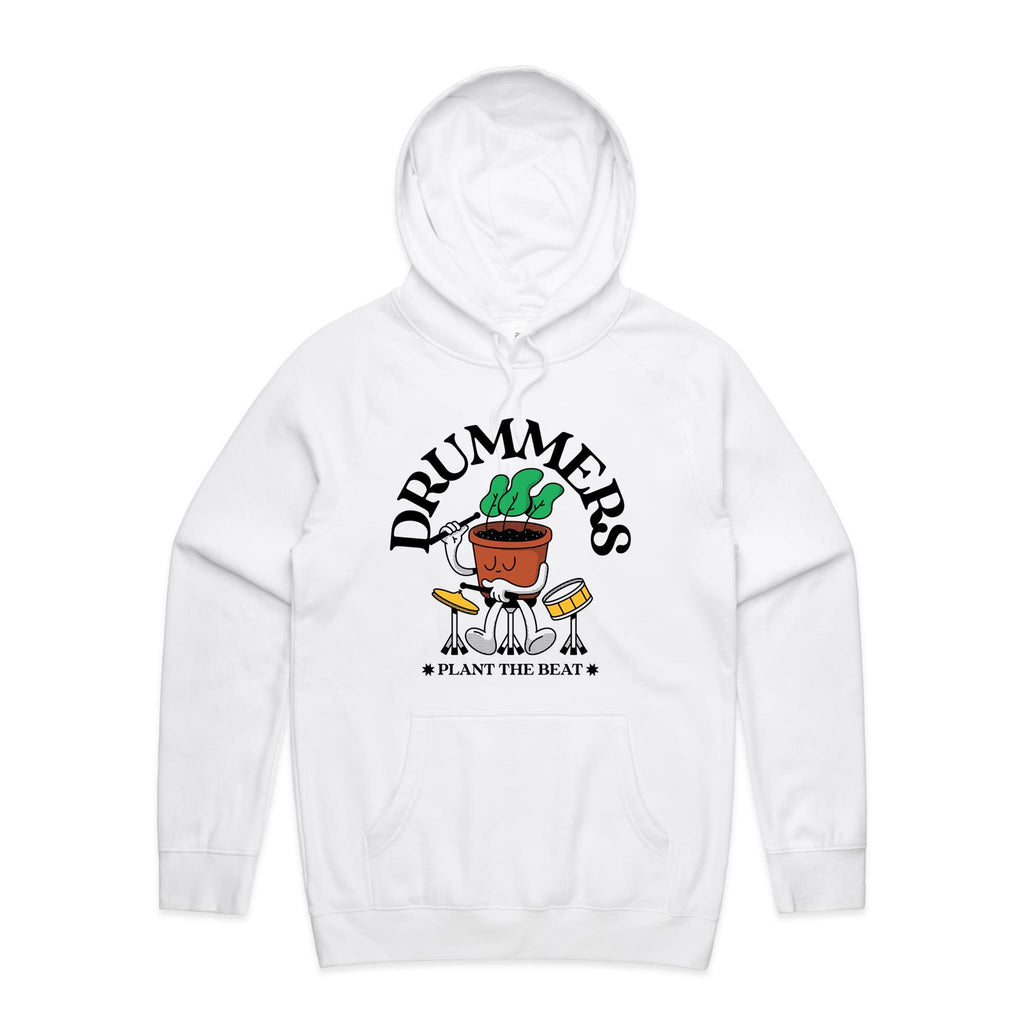 Drummers Plant The Beat - Mens Hoodie White Mens Hoodie Music Printed In Australia
