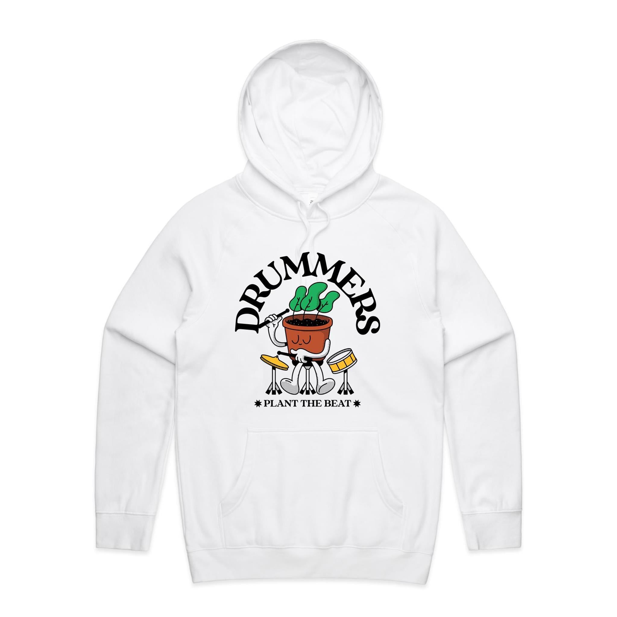 Drummers Plant The Beat - Mens Hoodie White Mens Hoodie Music Printed In Australia