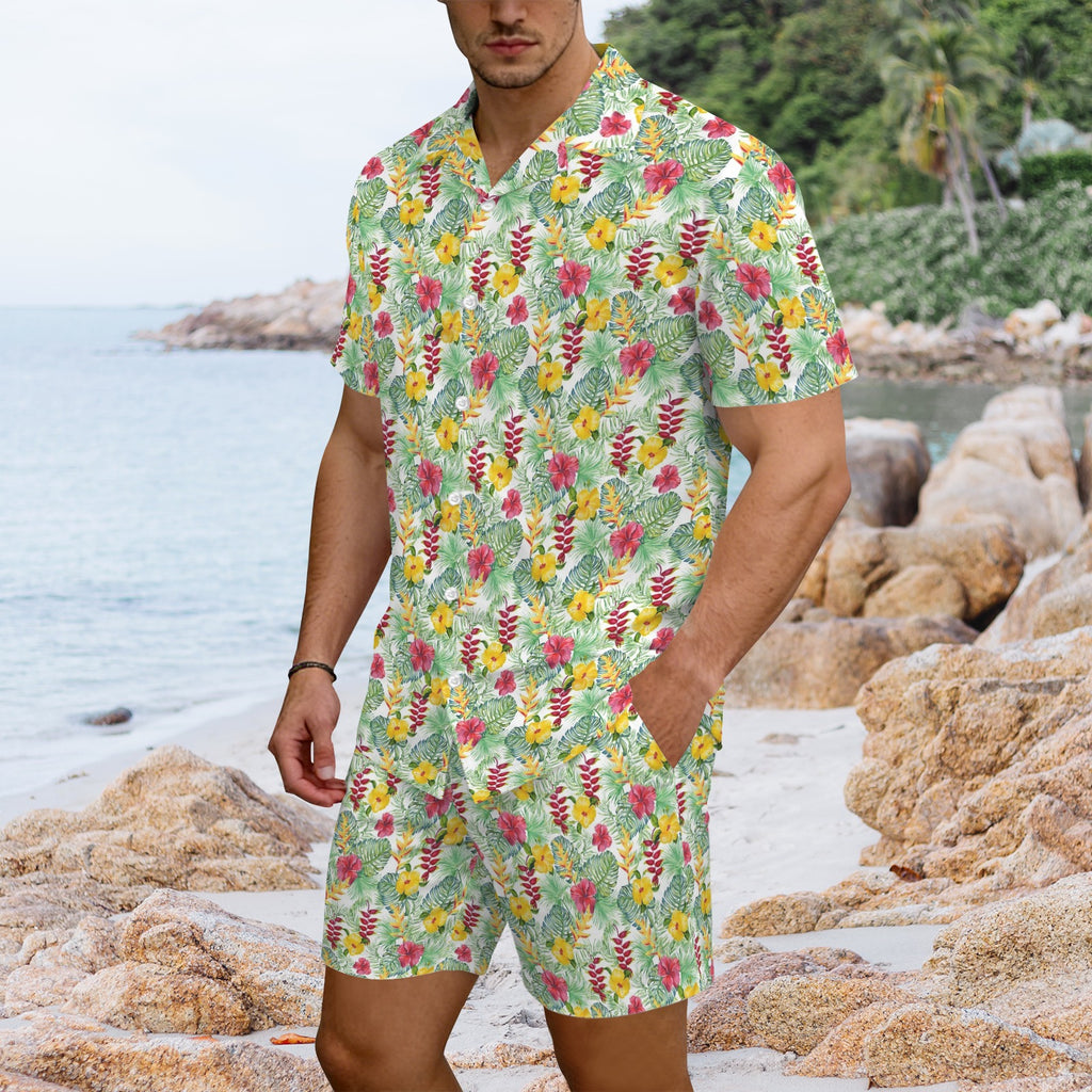 Tropical Flowers On White Men's Hawaiian Shirt & Shorts Set Men's Hawaiian Shirt & Shorts Set Plants Printed Offshore