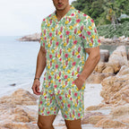 Tropical Flowers On White Men's Hawaiian Shirt & Shorts Set Men's Hawaiian Shirt & Shorts Set Plants Printed Offshore