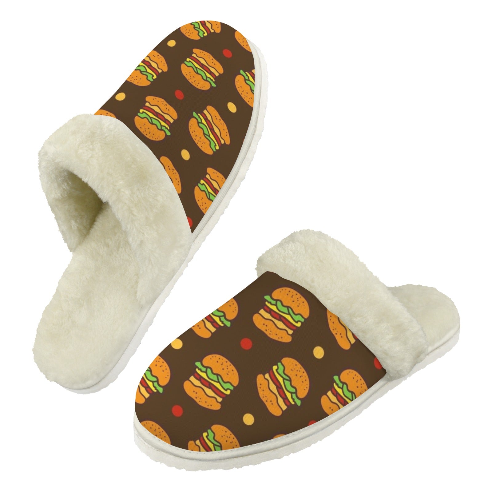 Burgers Men's Fur Trim Thick-Sole Indoor Slippers 2XL Men's Fur Trimmed Slippers Food Printed Offshore