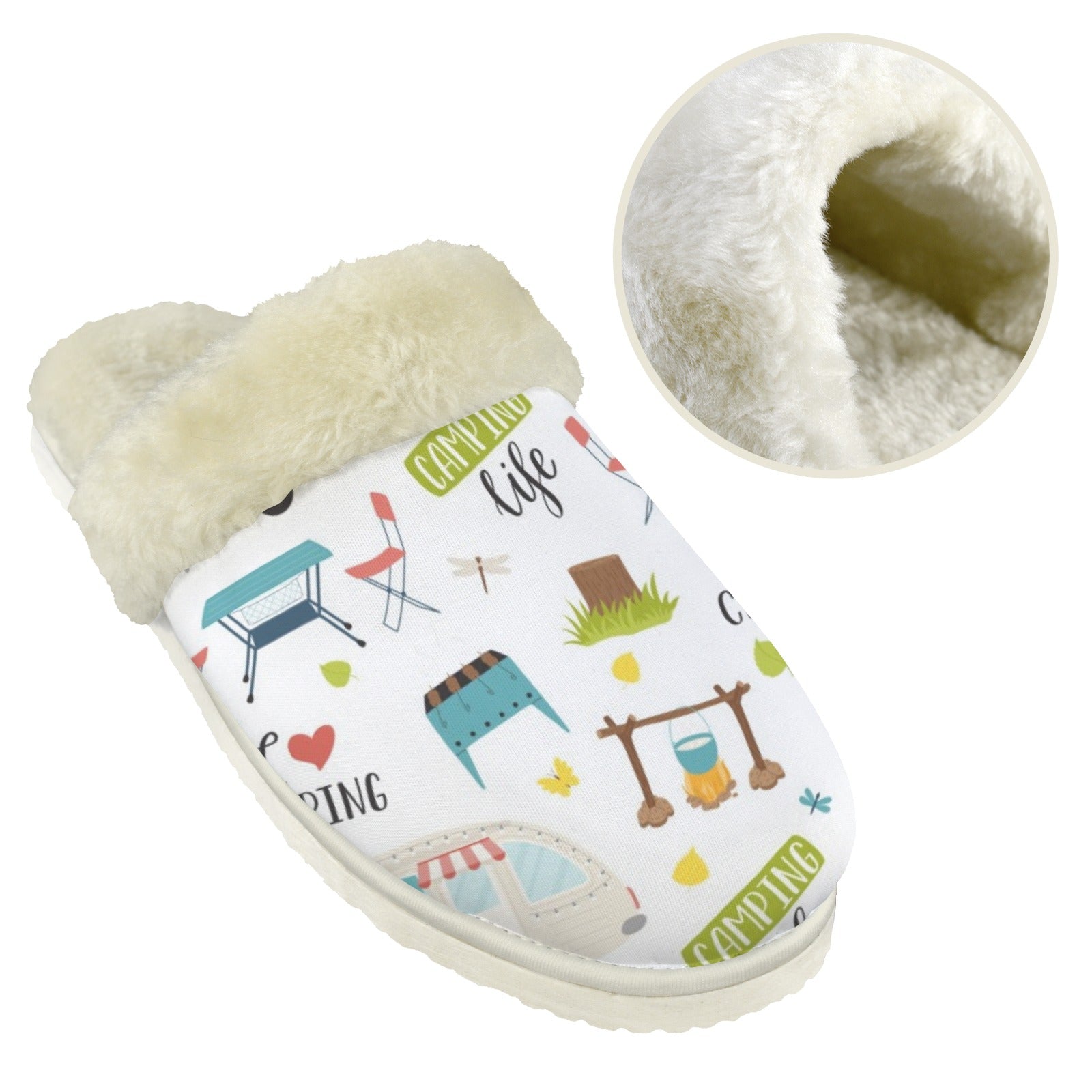 Camping Life Men's Fur Trim Thick-Sole Indoor Slippers Men's Fur Trimmed Slippers Printed Offshore