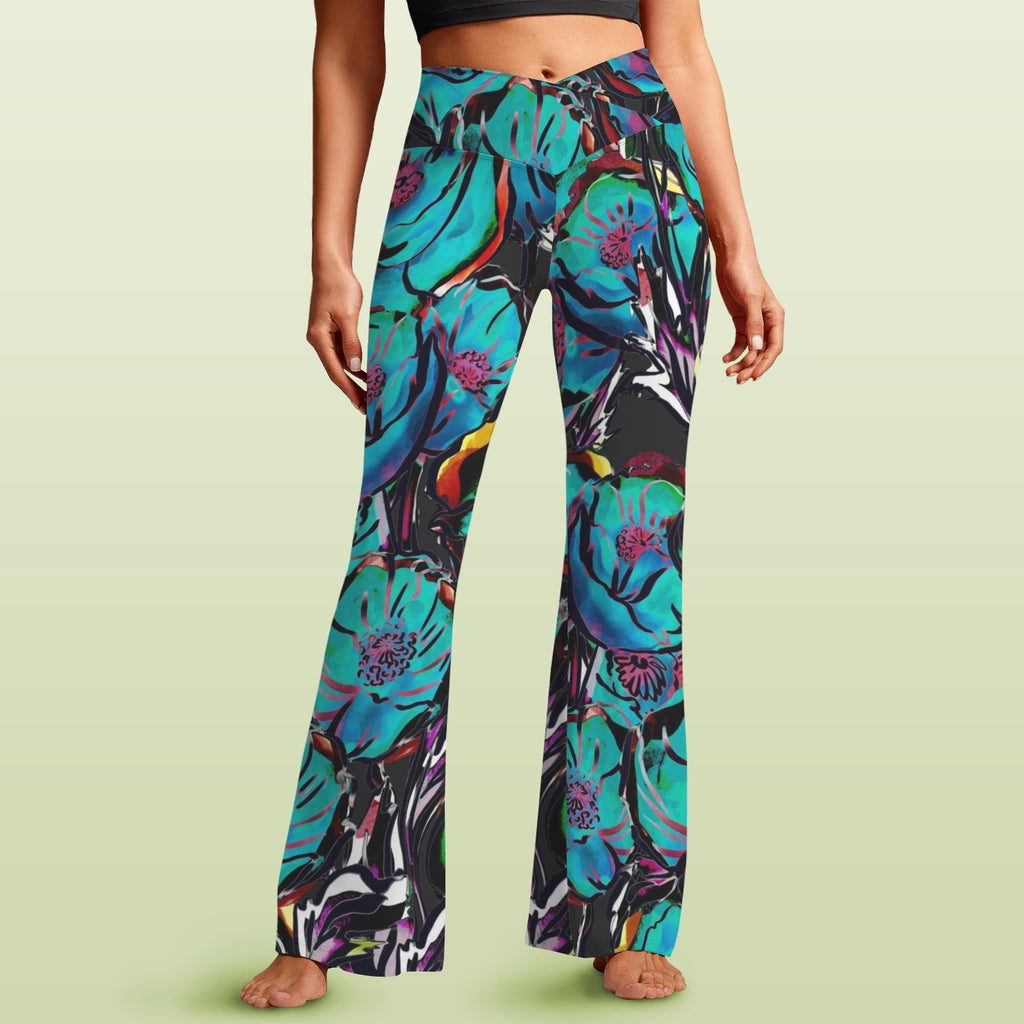Flower It Blue High Waist Crossover Tummy Control Flare Leggings 5XL High Waist Flare Leggings Plants Printed Offshore