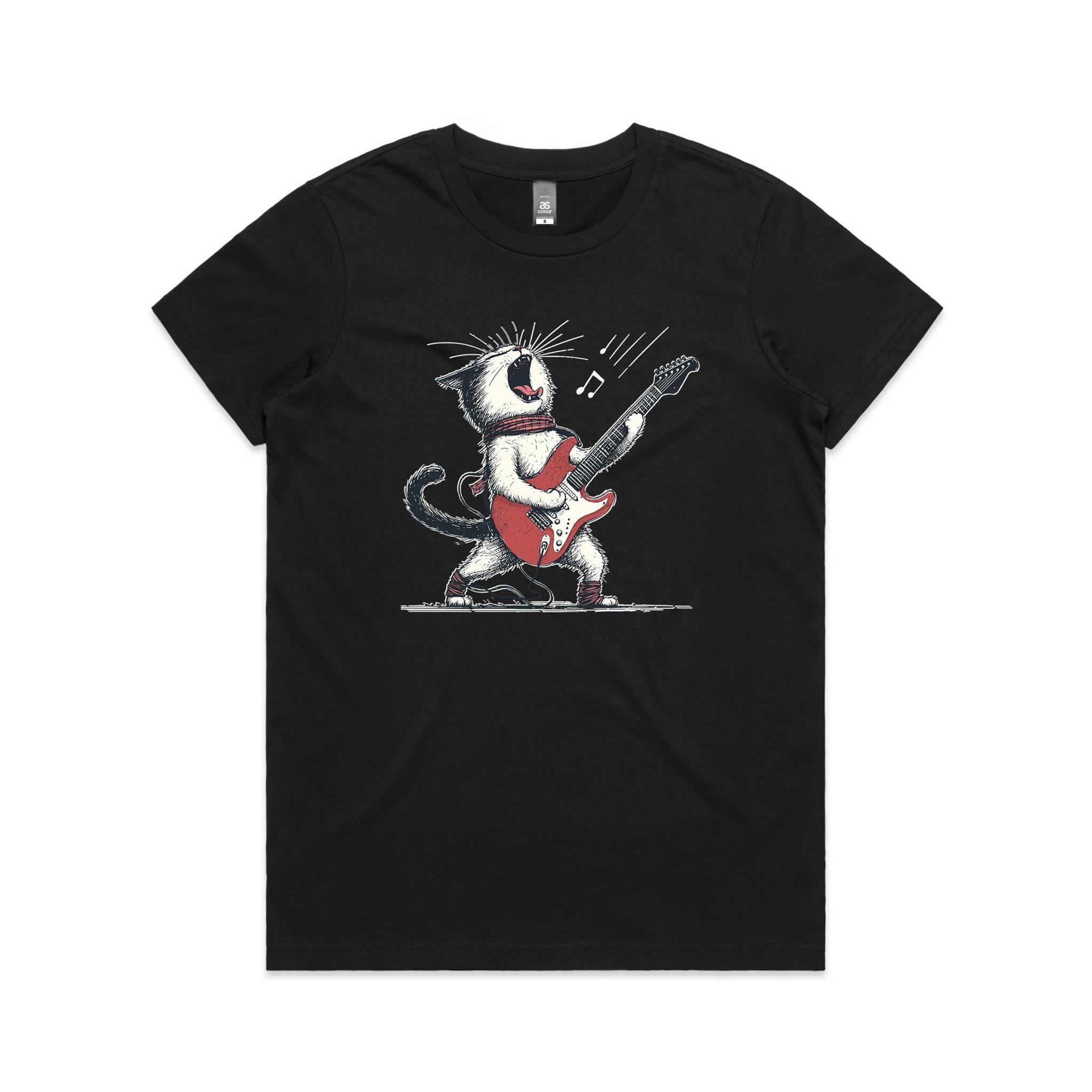 Cat Playing Guitar Women's AS Colour T-shirt Black Womens T-shirt animal Music Printed In Australia
