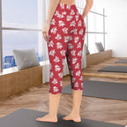 Red Retro Foliage Women's High Waist Pocket Capri Yoga Leggings Women's High Waist Capri Yoga Leggings Plants Printed Offshore