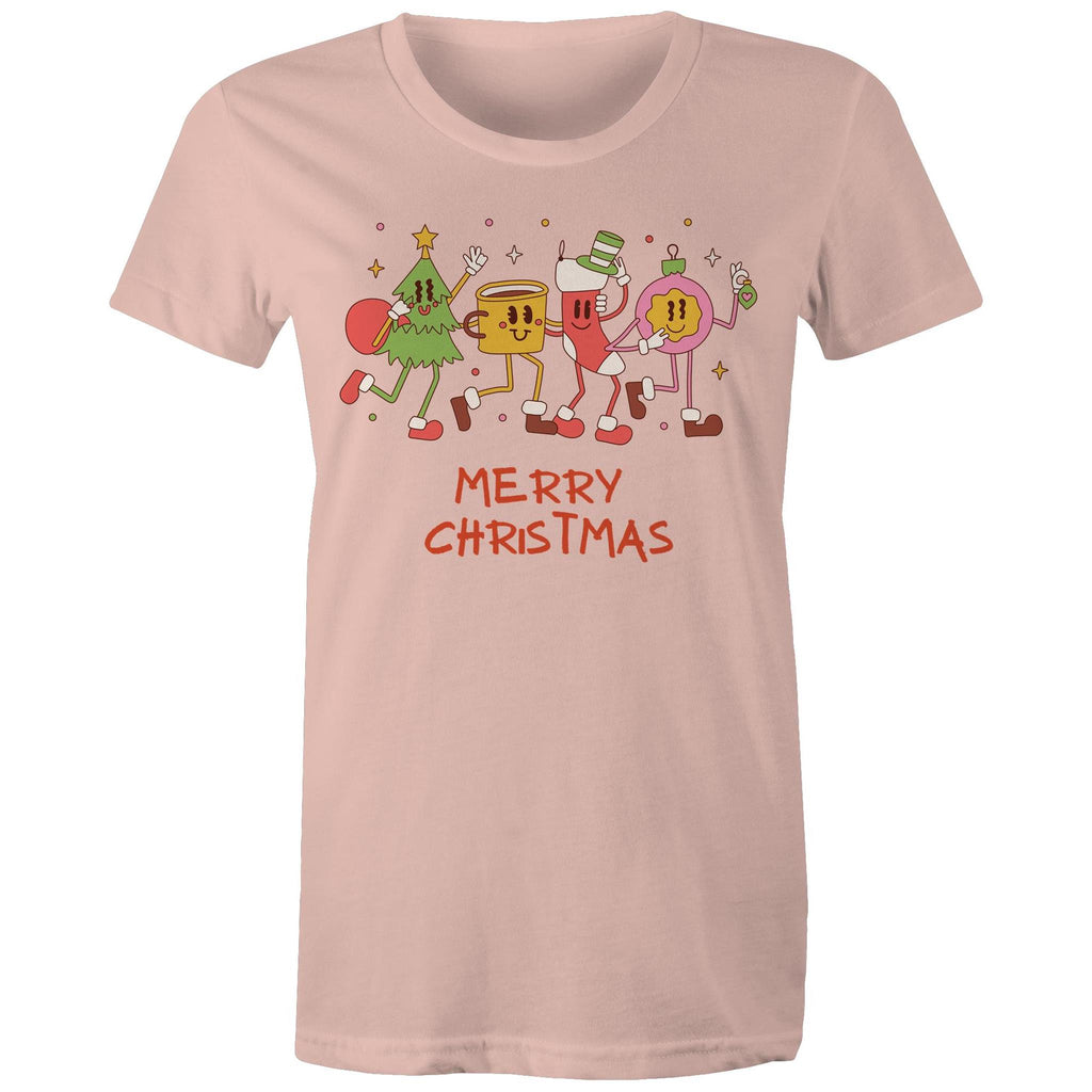 Crazy Christmas Characters - Womens T-shirt Pale Pink Womens Christmas T-shirt Christmas Printed In Australia