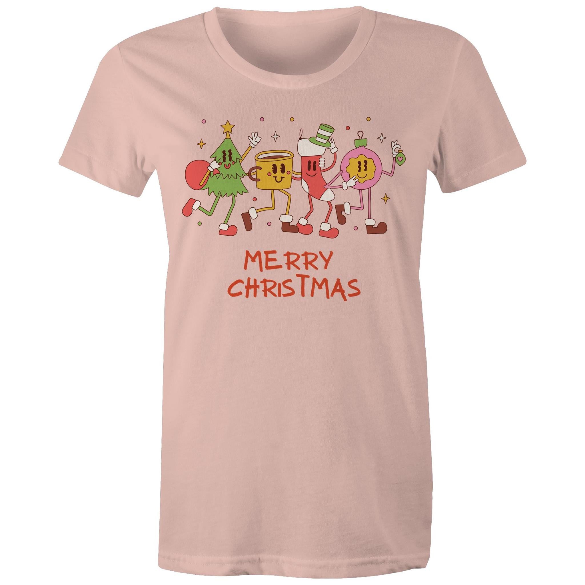 Crazy Christmas Characters - Womens T-shirt Pale Pink Womens Christmas T-shirt Christmas Printed In Australia