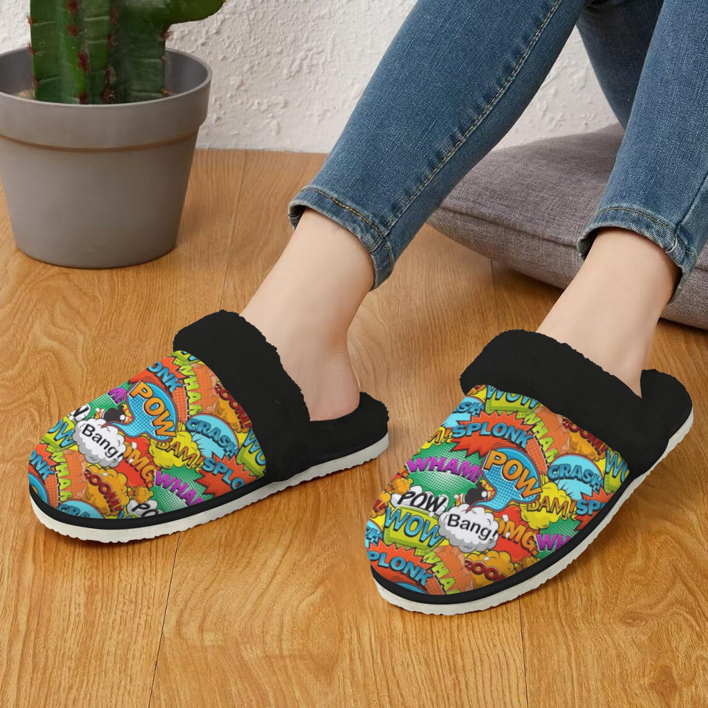 Comic Book 2 Women's Fur Trim Thick-Sole Indoor Slippers Women's Fur Trimmed Slippers comic Printed Offshore