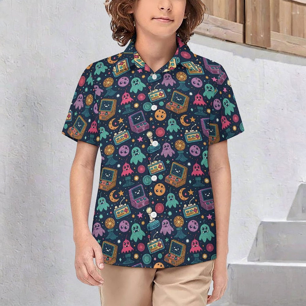 Space Arcade Kids Youth Short Sleeve Button Up Shirt