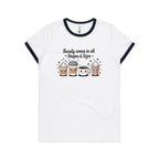 Coffee Beauty, All Shapes And Sizes AS Colour Women's Ringer Tee White Navy Womens Ringer T-shirt Coffee Positivity Printed In Australia