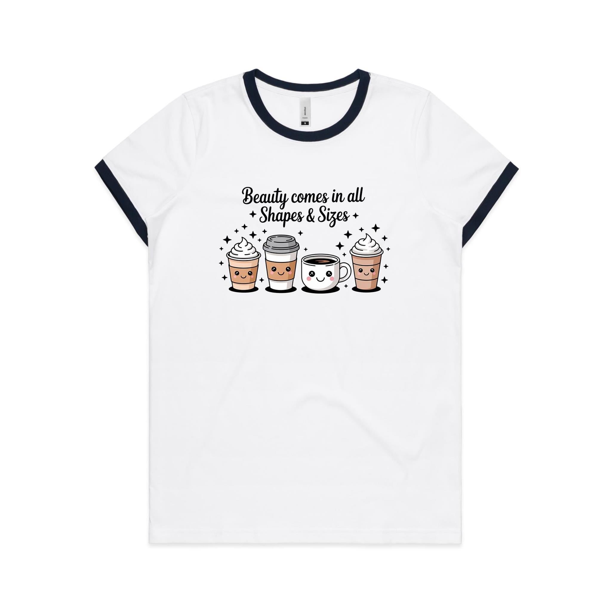 Coffee Beauty, All Shapes And Sizes AS Colour Women's Ringer Tee White Navy Womens Ringer T-shirt Coffee Positivity Printed In Australia