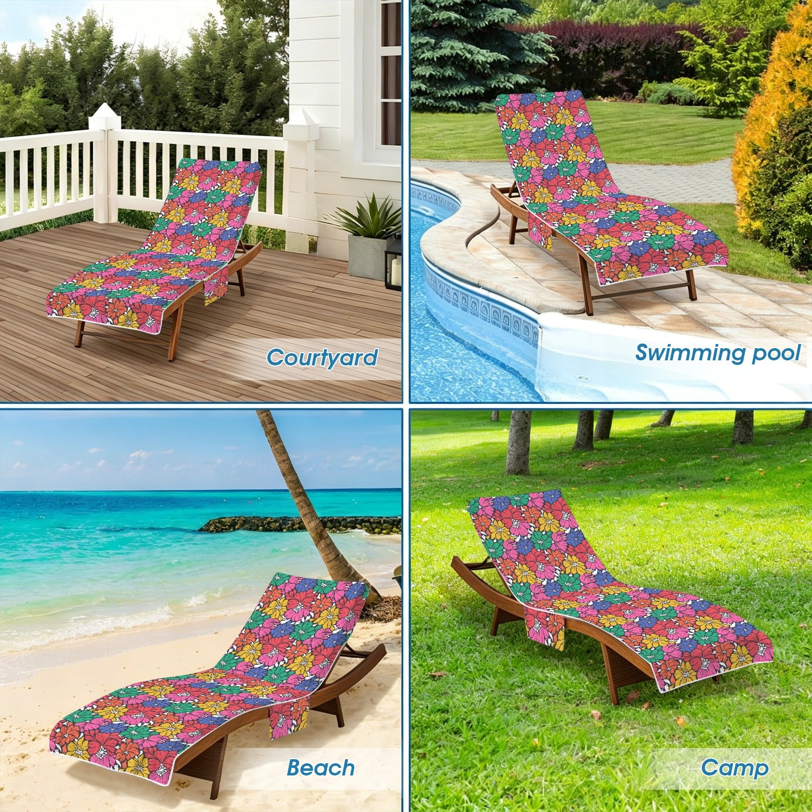 Bright And Bold Flowers Beach Chair Towel Cover with Side Pockets