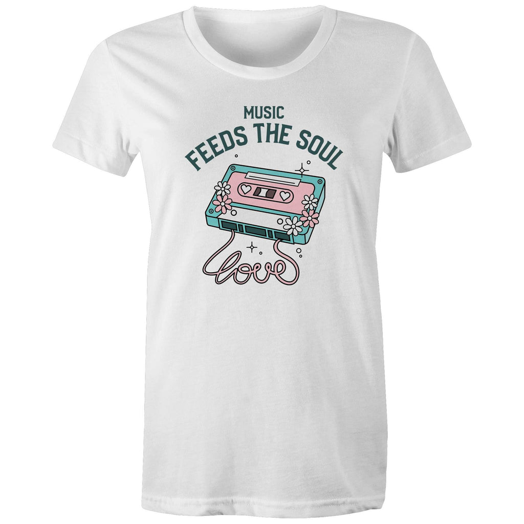 Music Feeds The Soul, Cassette Tape - Womens T-shirt White Womens T-shirt Music Printed In Australia