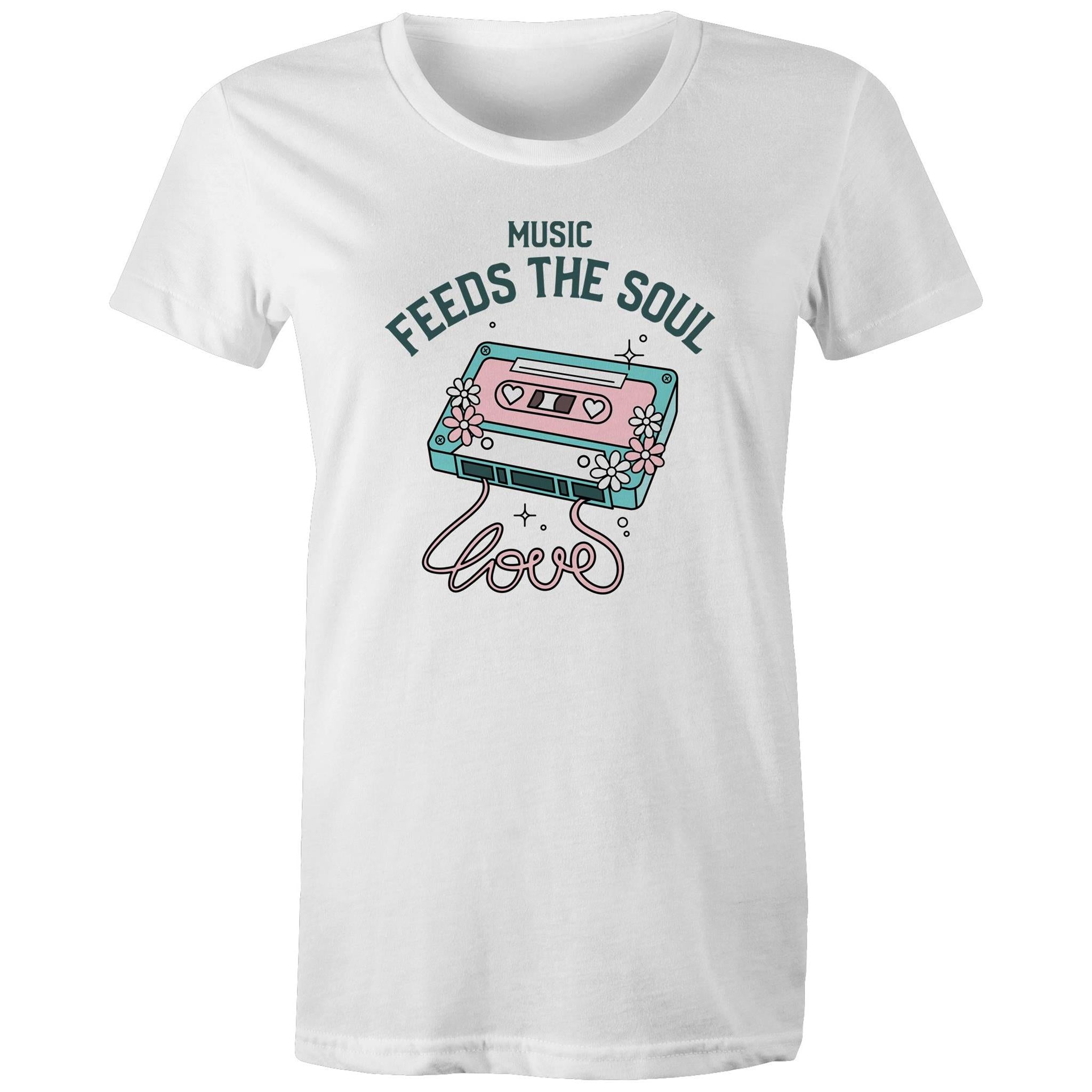 Music Feeds The Soul, Cassette Tape - Womens T-shirt White Womens T-shirt Music Printed In Australia