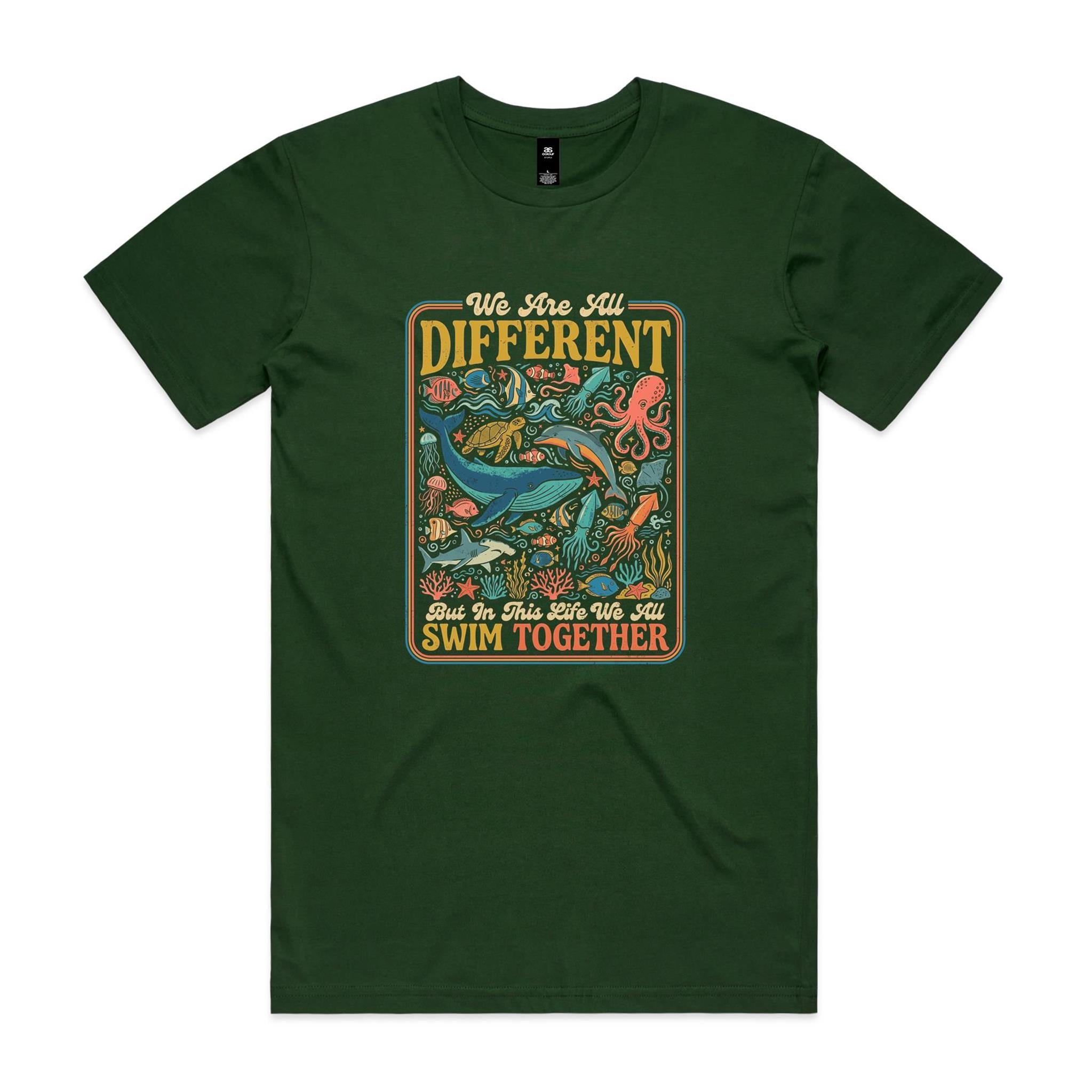 We Are All Different, But We All Swim Together - Men's AS Colour T-shirt Forest Green Mens T-shirt animal Ocean Positivity Printed In Australia