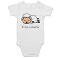 I'm Busy Counting Sheep AS Colour Baby Bodysuit White Baby Bodysuit Printed In Australia
