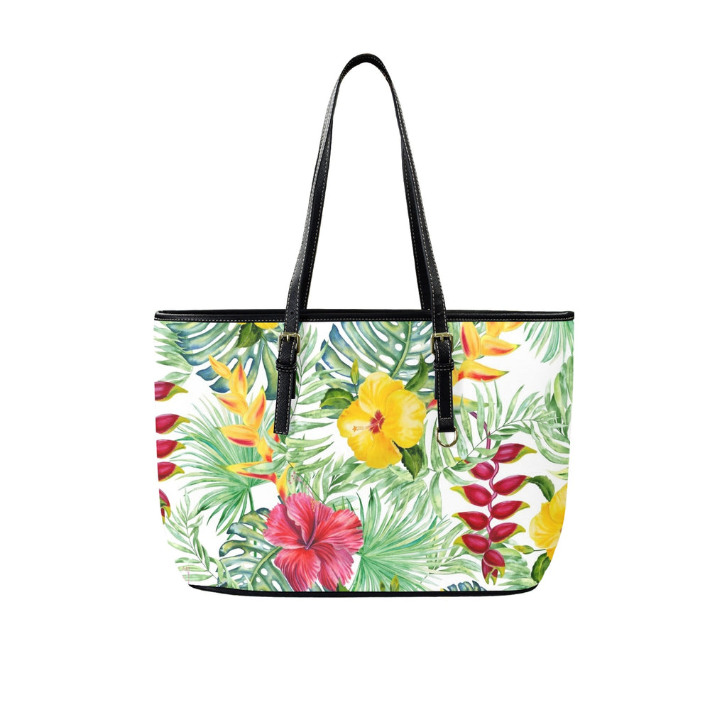 Tropical Flowers On White PU Leather Tote Bag Large One Size Leather Tote Bag-Large Plants Printed Offshore