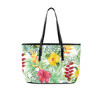 Tropical Flowers On White PU Leather Tote Bag Large One Size Leather Tote Bag-Large Plants Printed Offshore