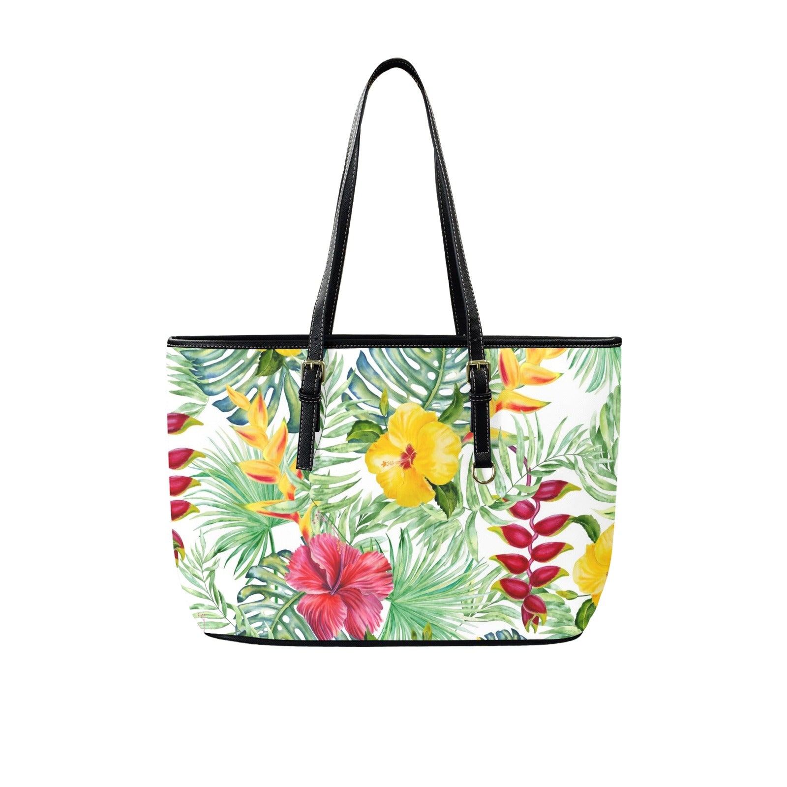 Tropical Flowers On White PU Leather Tote Bag Large One Size Leather Tote Bag-Large Plants Printed Offshore