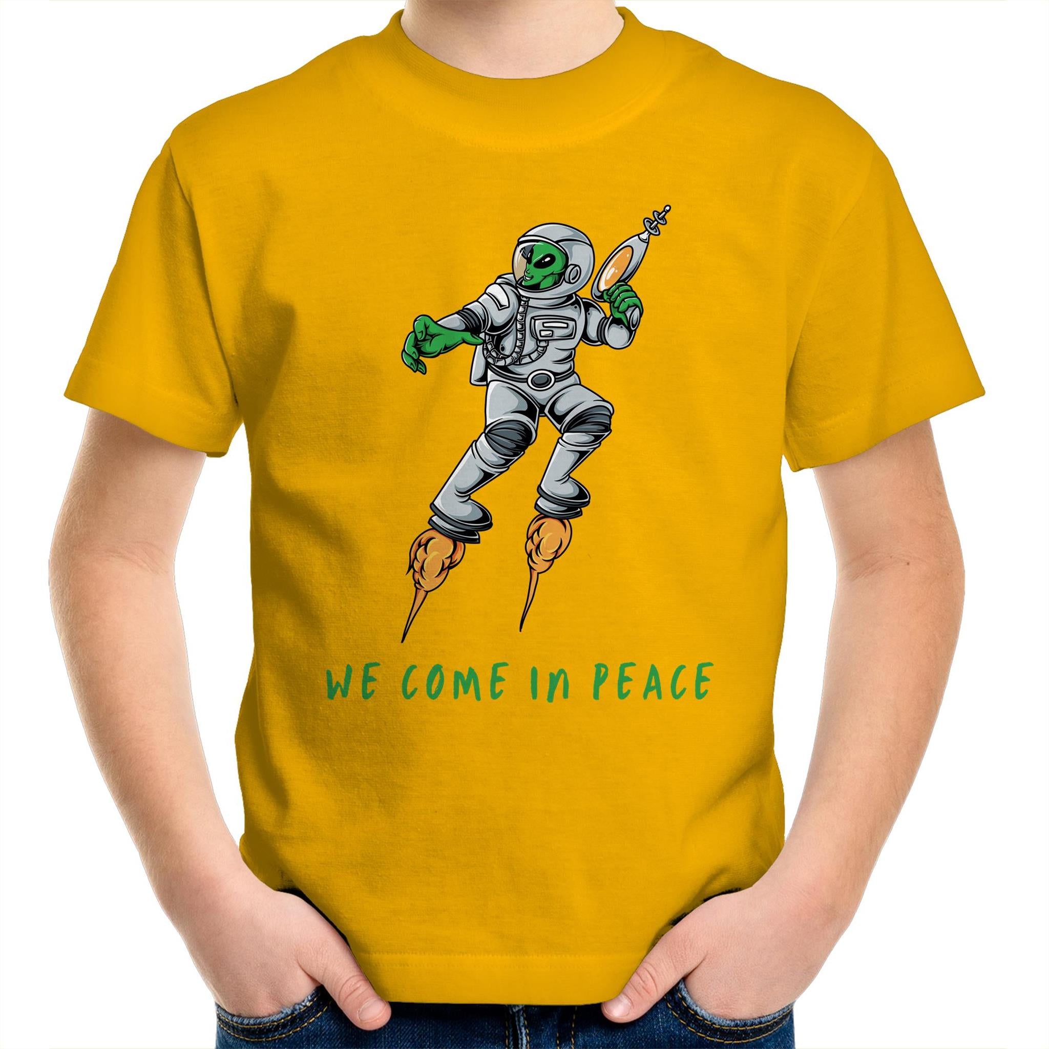 Alien Invasion, We Come In Peace - Kids Youth T-Shirt Gold Kids Youth T-shirt Printed In Australia Sci Fi