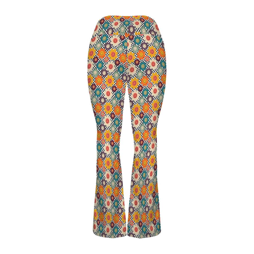Happy Retro Flowers High Waist Crossover Tummy Control Flare Leggings High Waist Flare Leggings Printed Offshore Retro