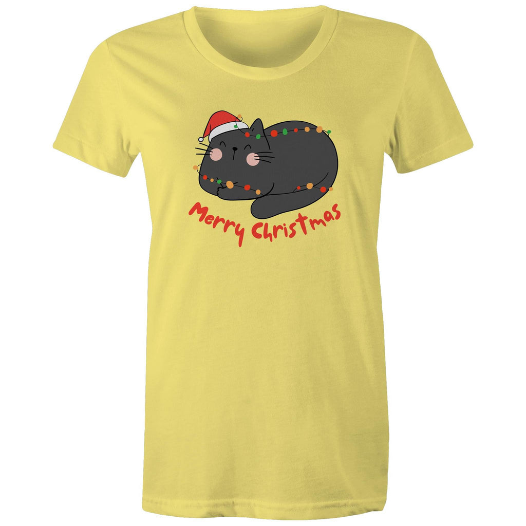 Merry Christmas Cat - Womens T-shirt Yellow Womens Christmas T-shirt Christmas Printed In Australia
