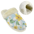 Delicate Frangipani Women's Fur Trim Thick-Sole Indoor Slippers Women's Fur Trimmed Slippers Plants Printed Offshore