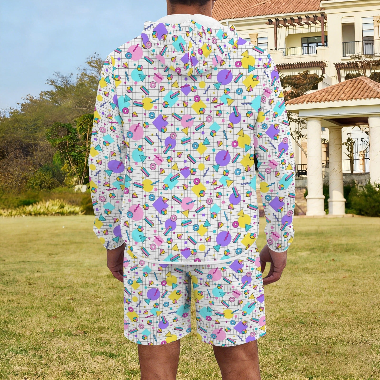 80's Grid Men's Lightweight Sun Hoodie & Shorts Set Men's Lightweight Sun Hoodie & Shorts Printed Offshore Retro
