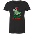 Dinosaur Santa, Merry Christmas - Womens T-shirt Black Womens Christmas T-shirt Christmas Printed In Australia