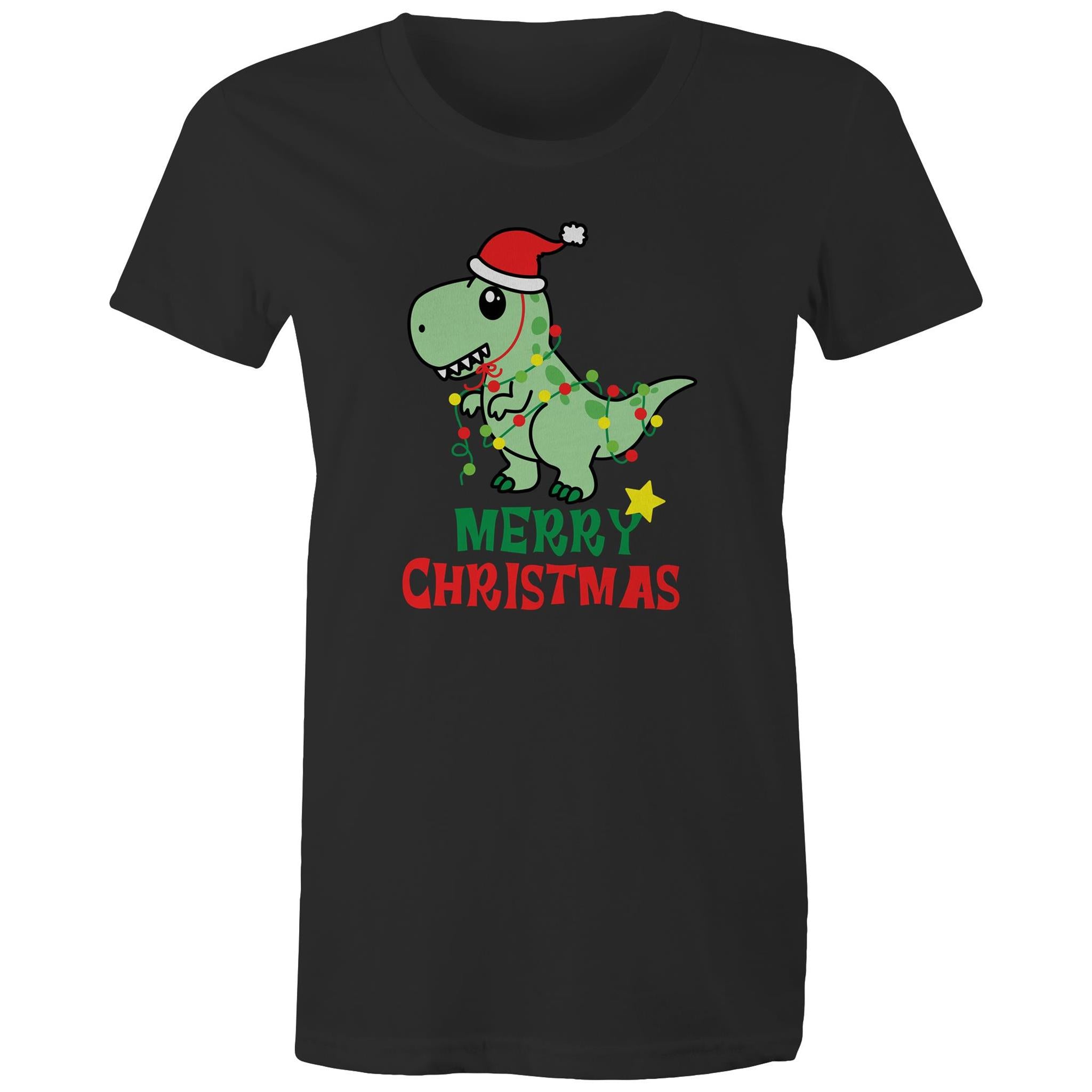 Dinosaur Santa, Merry Christmas - Womens T-shirt Black Womens Christmas T-shirt Christmas Printed In Australia