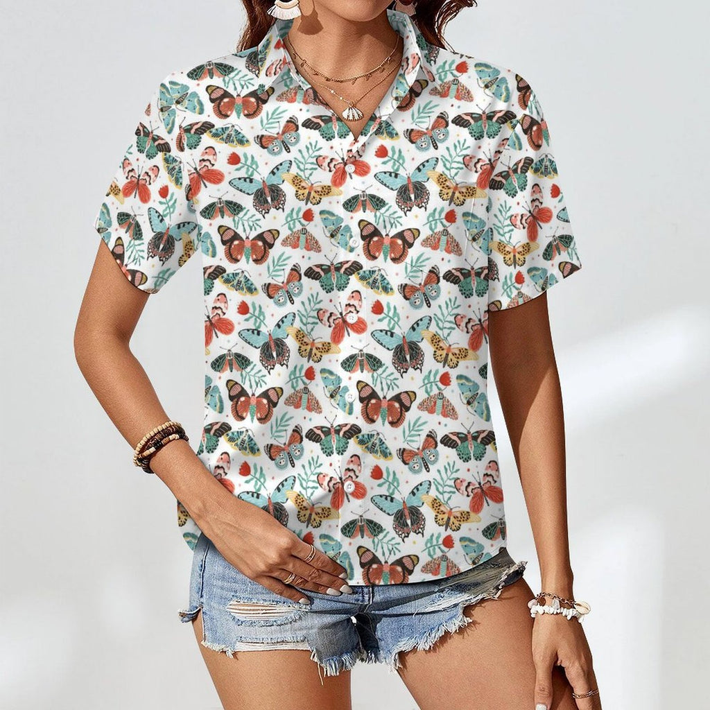 Pretty Moths And Butterflies Women's Short-Sleeve Button Up Shirt Women's Short-Sleeve Button Up Shirt animal Printed Offshore