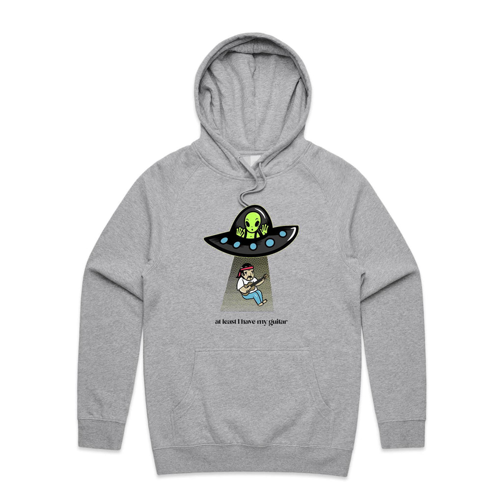 Guitarist Alien Abduction, At Least I Have My Guitar - Mens Hoodie Grey Marle Mens Hoodie Music Printed In Australia Sci Fi