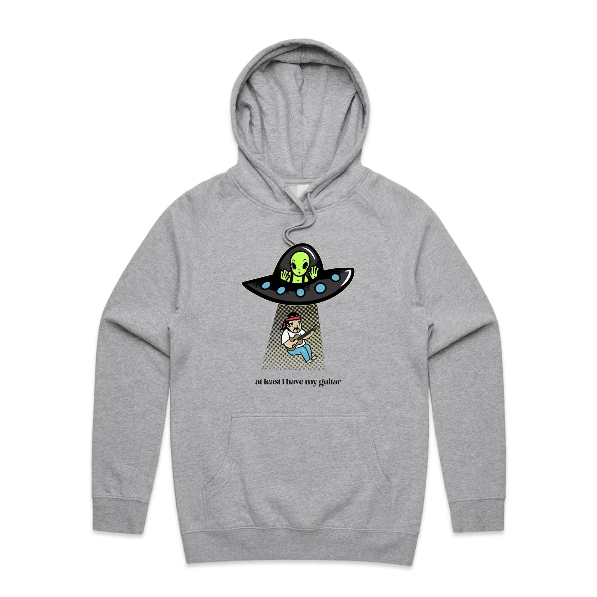 Guitarist Alien Abduction, At Least I Have My Guitar - Mens Hoodie Grey Marle Mens Hoodie Music Printed In Australia Sci Fi